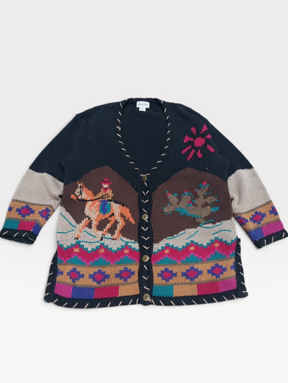 Vintage Western Cowboy Motif Black Button-Front Cardigan Sweater Size L